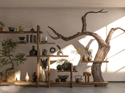 Wooden Storage Shelf with Vases Bowls and Potted Plants Against Neutral Wall with Natural Sunlight 3d model
