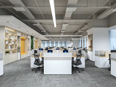 Bright Modern Public Office Interior With Workstations Computers Bookshelves And Green Plants 3d model
