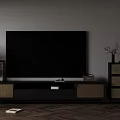 Modern TV Stand With Black TV Woven Panels And Herringbone Wooden Floor Decor