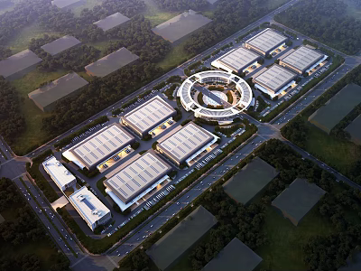 Modern Industrial Factory Complex Aerial View With Central Building Surrounding Roads And Greenery Layout 3d model