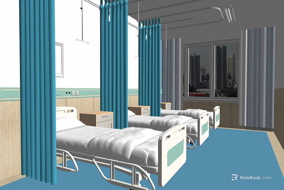 Hospital Ward Interior With White Medical Beds Blue Curtains And City View 3d model 
