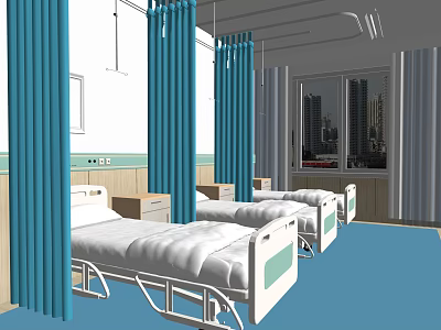 Hospital Ward Interior With White Medical Beds Blue Curtains And City View 3d model
