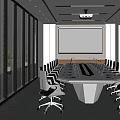Modern Conference Room Interior With Long Table Chairs Projection Screen Glass Partitions And Windows