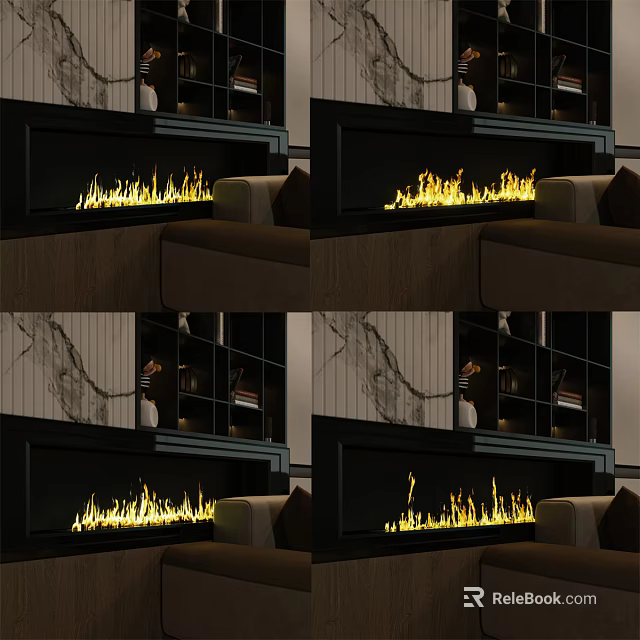 Cozy Living Room Modern Fireplace With Realistic Flames And Wooden Bookshelf Interior Design 3d model 