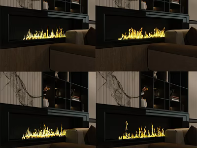Cozy Living Room Modern Fireplace With Realistic Flames And Wooden Bookshelf Interior Design 3d model