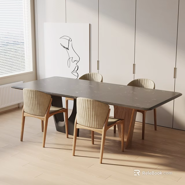 Modern Black Rectangular Dining Table Set With Light Woven Backrest Chairs Wooden Legs Abstract Painting 3d model