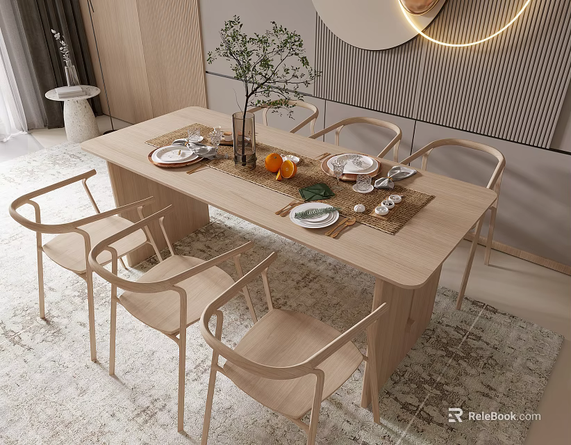 Modern Wooden Dining Table And Chairs Set With Green Plant Oranges And Plates 3d model 