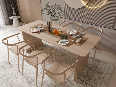 Modern Wooden Dining Table And Chairs Set With Green Plant Oranges And Plates 3d model