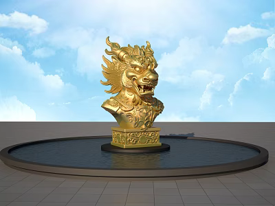 Golden Dragon Head Sculpture With Circular Water Pool Base And Blue Sky Background 3d model