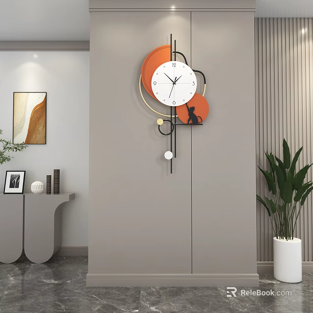 Modern Geometric Wall Clock With Orange White Circles And Black Cat Ornament For Home Decor 3d model 