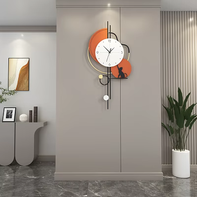 Modern Geometric Wall Clock With Orange White Circles And Black Cat Ornament For Home Decor 3d model
