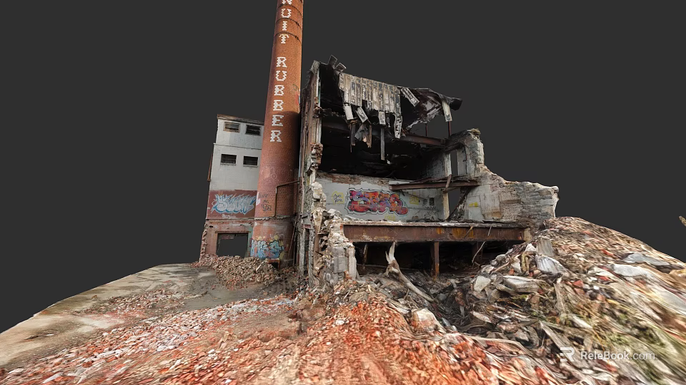 Abandoned Dilapidated Industrial Factory Exterior With RUBBER Chimney Graffiti And Debris 3d model 