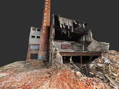Abandoned Dilapidated Industrial Factory Exterior With RUBBER Chimney Graffiti And Debris 3d model