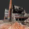 Abandoned Dilapidated Industrial Factory Exterior With RUBBER Chimney Graffiti And Debris