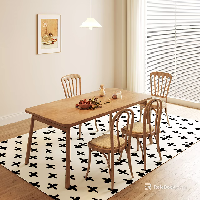 Stylish Wooden Dining Table Set With Four Chairs Black White Geometric Rug And Wall Art 3d model 