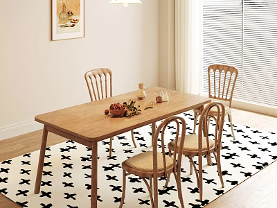 Stylish Wooden Dining Table Set With Four Chairs Black White Geometric Rug And Wall Art 3d model