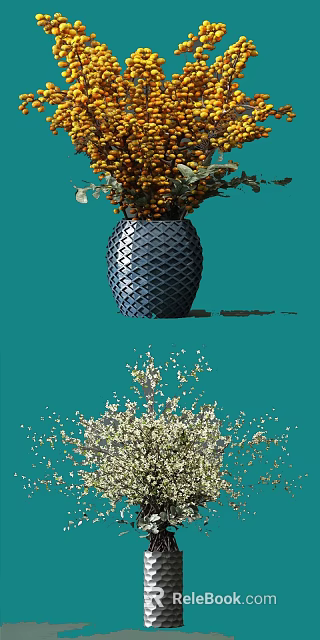 Vibrant Orange Berries And White Blossoms In Dark Blue Diamond Patterned Vase On Teal Background 3d model 