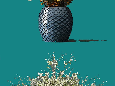 Vibrant Orange Berries And White Blossoms In Dark Blue Diamond Patterned Vase On Teal Background 3d model