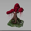 Artistic Red Leaf Tree With Dripping Effect And Tree Roots On Green Base 3d model