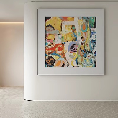 Abstract Painting on Interior Wall Featuring Vibrant Colors Geometric Shapes and Modern Art Design 3d model