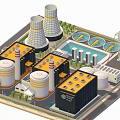 Cartoon Industrial Scene Featuring Factory Buildings Cooling Towers Storage Tanks Power Towers Truck And Trees