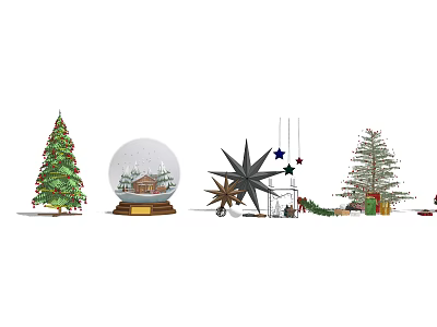 Christmas Decorative Items With Tree Snow Globe Star Ornaments And Gifts 3d model