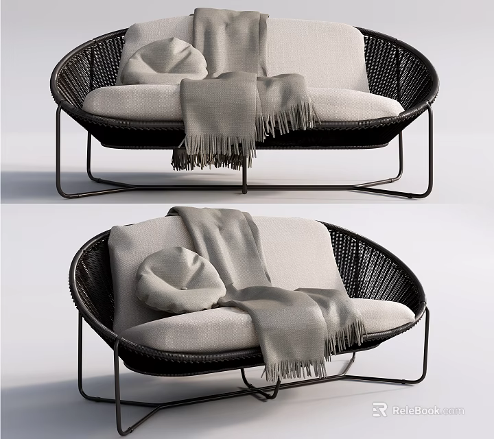 Modern Outdoor Sofa With Rattan Design Metal Frame Soft Cushions And Throw Blanket 3d model 