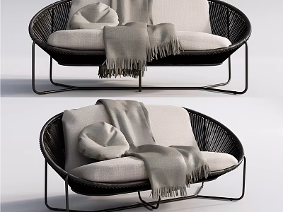 Modern Outdoor Sofa With Rattan Design Metal Frame Soft Cushions And Throw Blanket 3d model