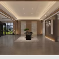 Elegant Modern Hotel Lobby With Wooden Walls Stone Flooring Ceiling Light Strips And Central Green Plant