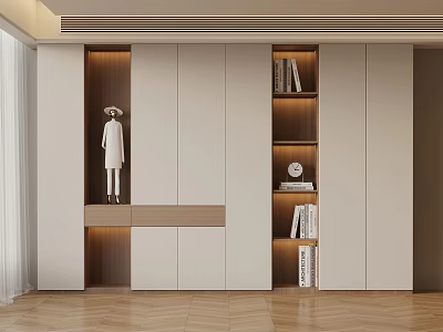 Modern Storage Cabinet Interior With White Wooden Panels Bookshelf Mannequin And Lighting 3d model