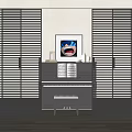 Black Sliding Doors in Modern Interior with Piano Sheet Music Wall Art and Wooden Flooring