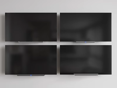 Four Modern Black Flat Screen TVs Arranged in Grid on White Wall Background 3d model