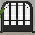 Black Double Doors With Glass Panes Arched Frame Green Plant White Walls Wooden Floor
