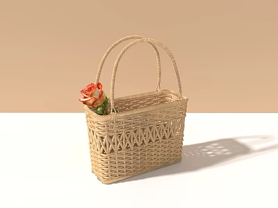 Handwoven Wicker Basket With Orange Flower Handle For Home Daily Decor Use 3d model