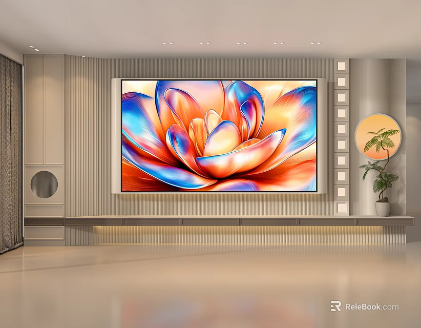 Modern TV Background Wall with Vibrant Lotus Pattern Painting Round Mirror and Green Plant 3d model 