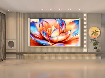 Modern TV Background Wall with Vibrant Lotus Pattern Painting Round Mirror and Green Plant 3d model