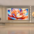 Modern TV Background Wall with Vibrant Lotus Pattern Painting Round Mirror and Green Plant