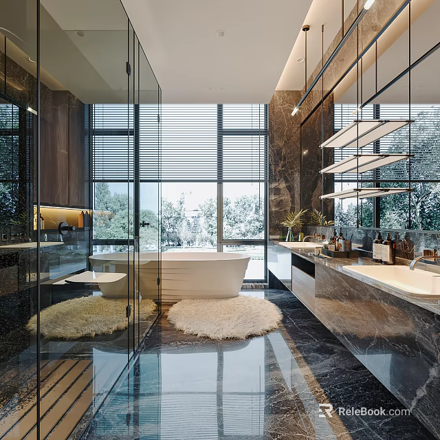 Modern Bathroom Interior Design With Glass Shower Bathtub Large Windows Marble Walls And Mirrored Vanity 3d model 