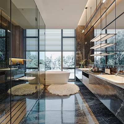Modern Bathroom Interior Design With Glass Shower Bathtub Large Windows Marble Walls And Mirrored Vanity 3d model