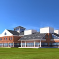 Modern Detached Villa With Red Brick Exterior White Roof Large Windows And Green Lawn