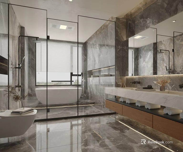Modern Bathroom Interior Design With Marble Walls Glass Shower And Double Vanity 3d model 