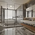 Modern Bathroom Interior Design With Marble Walls Glass Shower And Double Vanity