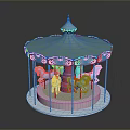 Colorful Vintage Carousel With Blue Canopy Red Trim Blue Horses And Transparent Base