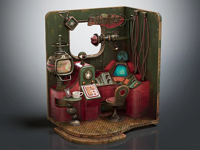 Vintage Mechanical Control Room Setup With Red Chair Dials And Gadgets 3d model