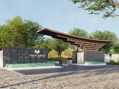 TONYA Community Entrance Gate With Wooden Canopy Green Trees And Stone Pavement 3d model