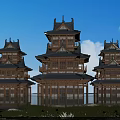 Ancient Chinese Architecture Traditional Wooden Pagodas With Multi Tiered Black Tile Roofs And Water Reflection