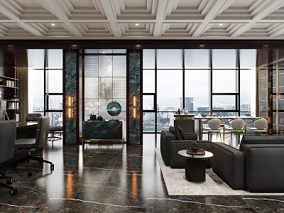 Luxury Modern Executive Office Interior Design With Panoramic City View And Elegant Comfortable Furnishings 3d model