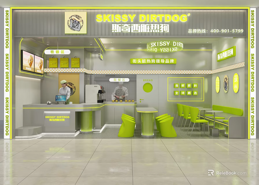 Skibby Dirtdog Hot Dog Restaurant Interior With Yellow Gray Design Counter Tables And Menu Screens 3d model 