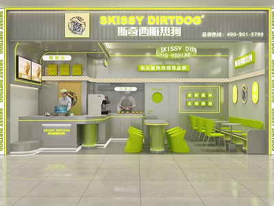 Skibby Dirtdog Hot Dog Restaurant Interior With Yellow Gray Design Counter Tables And Menu Screens 3d model