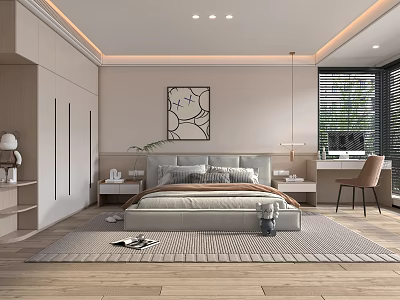Modern Bedroom Interior Design With Platform Bed Built-in Wardrobe Area Rug And Abstract Wall Art 3d model
